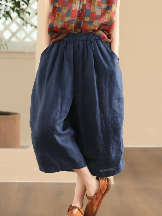 Women Summer Vintage Solid Loose Wide-leg Pants