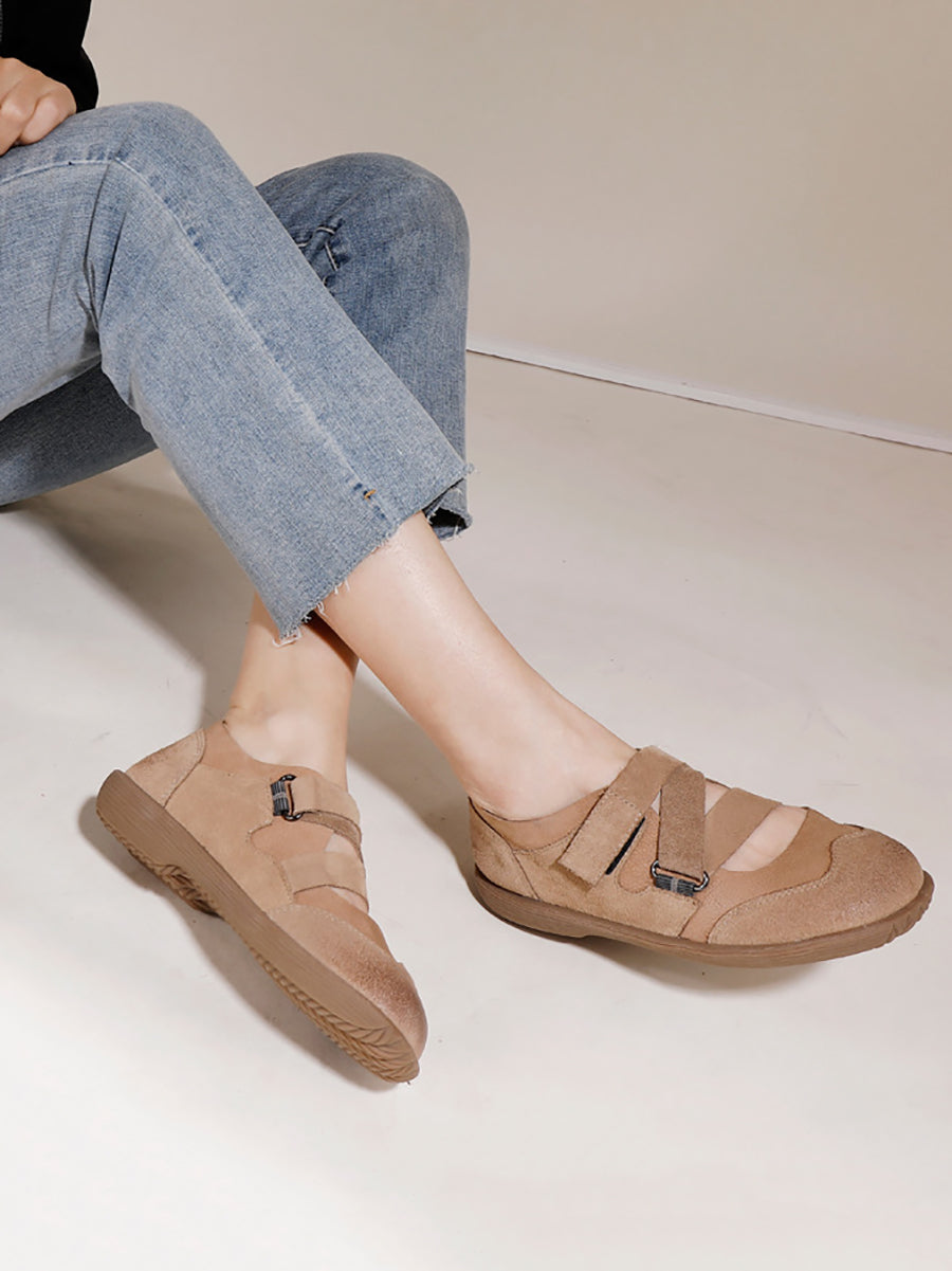 Women Summer Solid Leather Spliced Low Heel Shoes