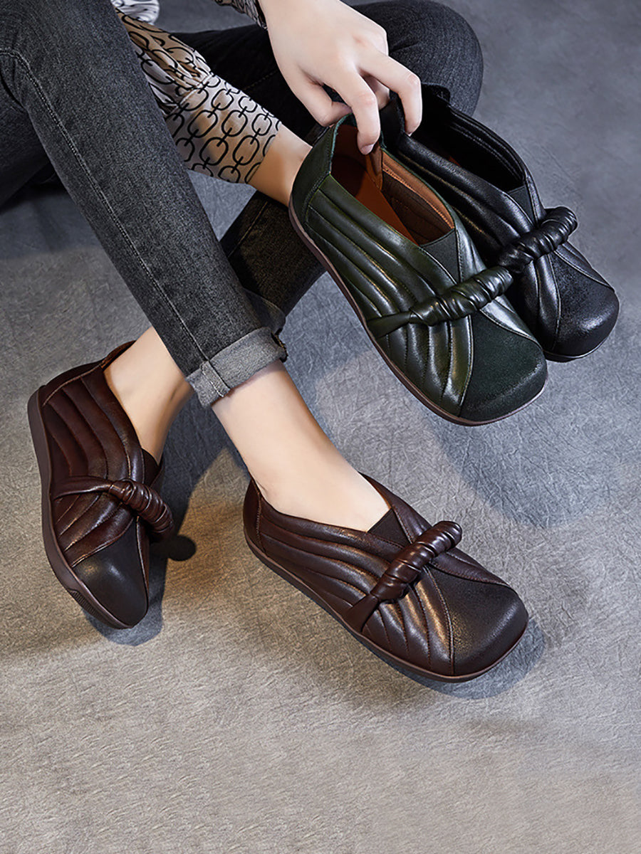 Women Summer Leather Spliced Flat Square-Toe Shoes