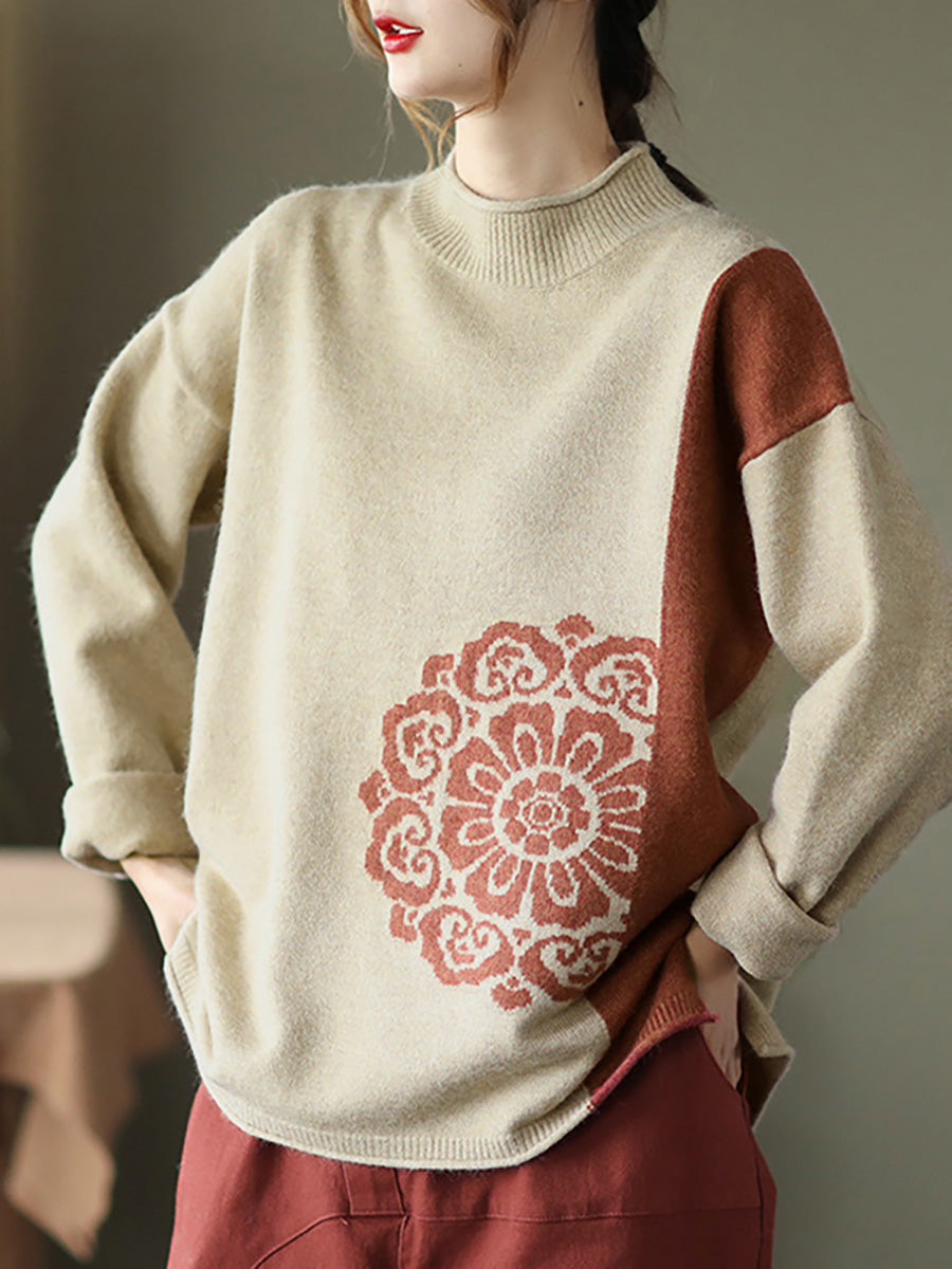 Winter Retro Flower Knitted Sweater Jumper