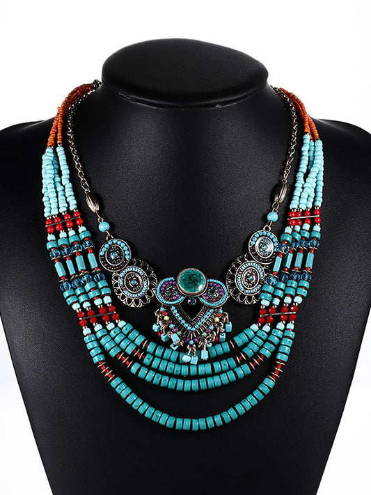 Women Ethnic Bohemian Multi-layer Bead Alloy Knitted Necklace