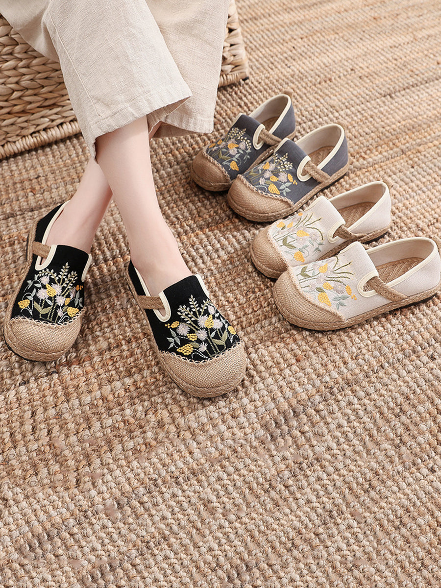 Women Summer Vintage Embroidery Linen Flat Shoes