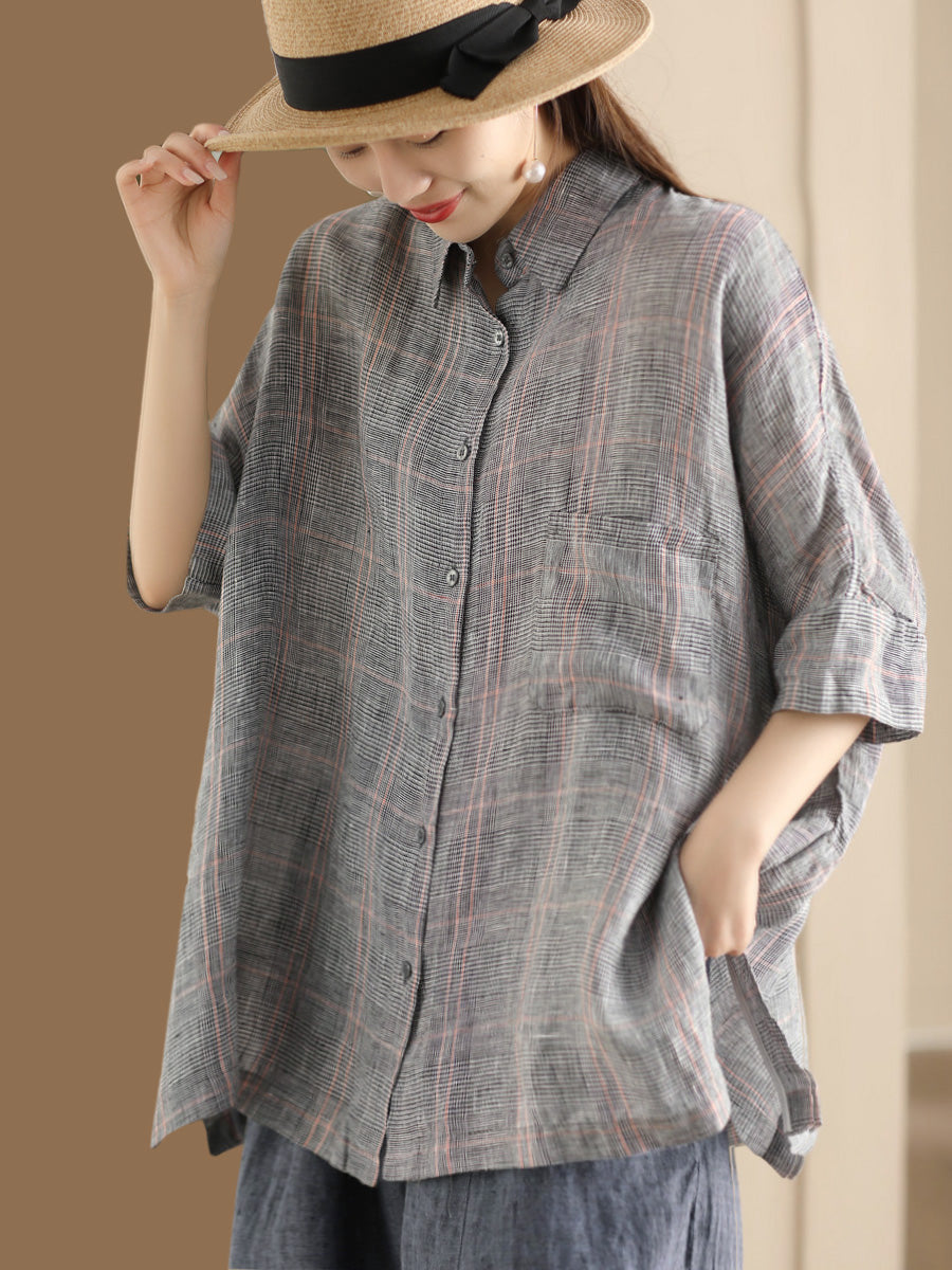 Women Retro Summer Plaid Linen Button-Up Blouse