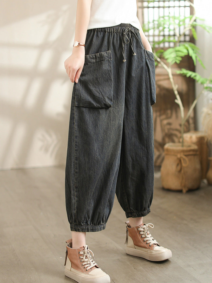 Women Summer Vintage Solid Pocket Harem Denim Pants