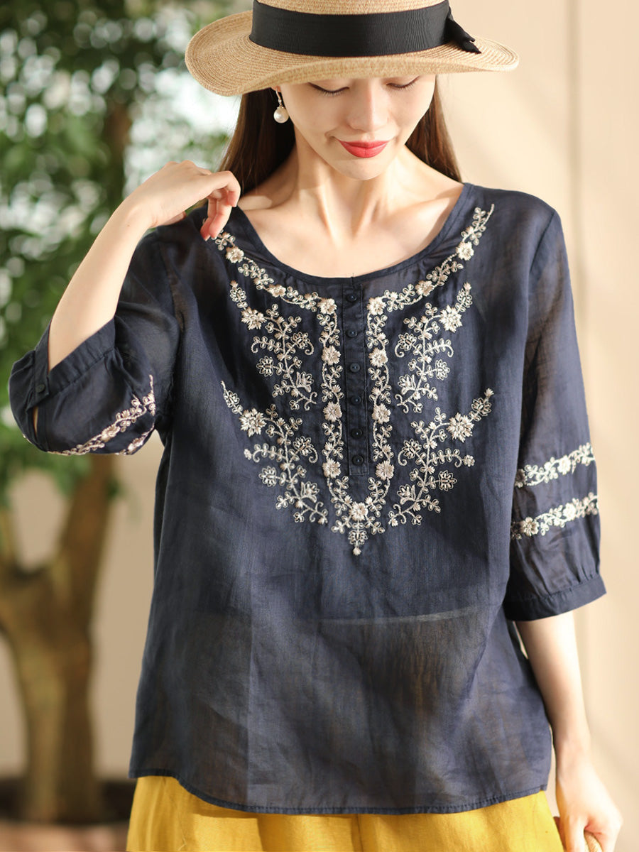 Women Summer Artsy Flower Embroidery O-Neck Ramie Shirt