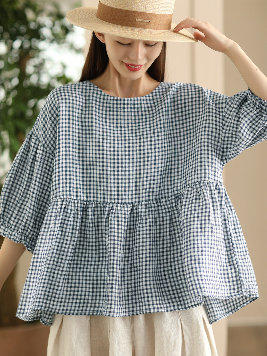 Women Summer Vintage Plaid Spliced Linen Shirt