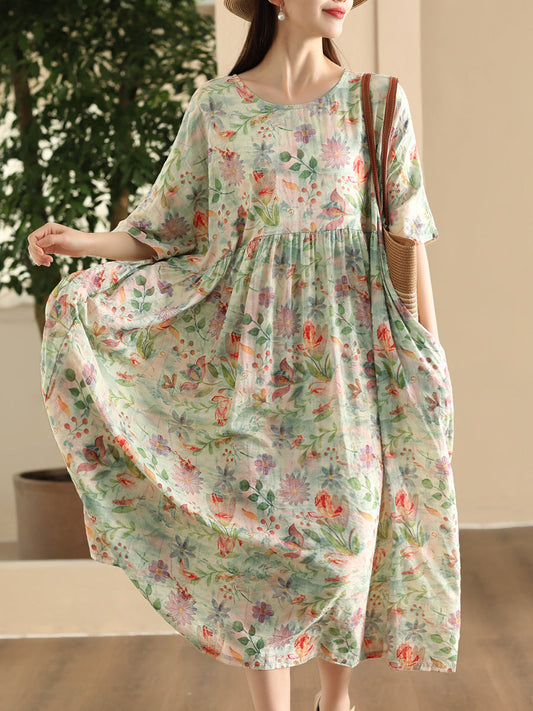 Women Summer Artsy Floral O-Neck Cotton Loose Dress