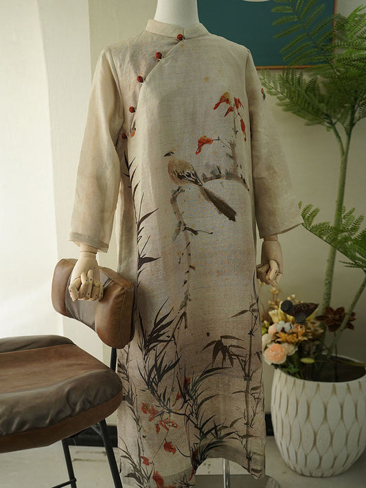 Women Summer Vintage Print Linen Robe Dress