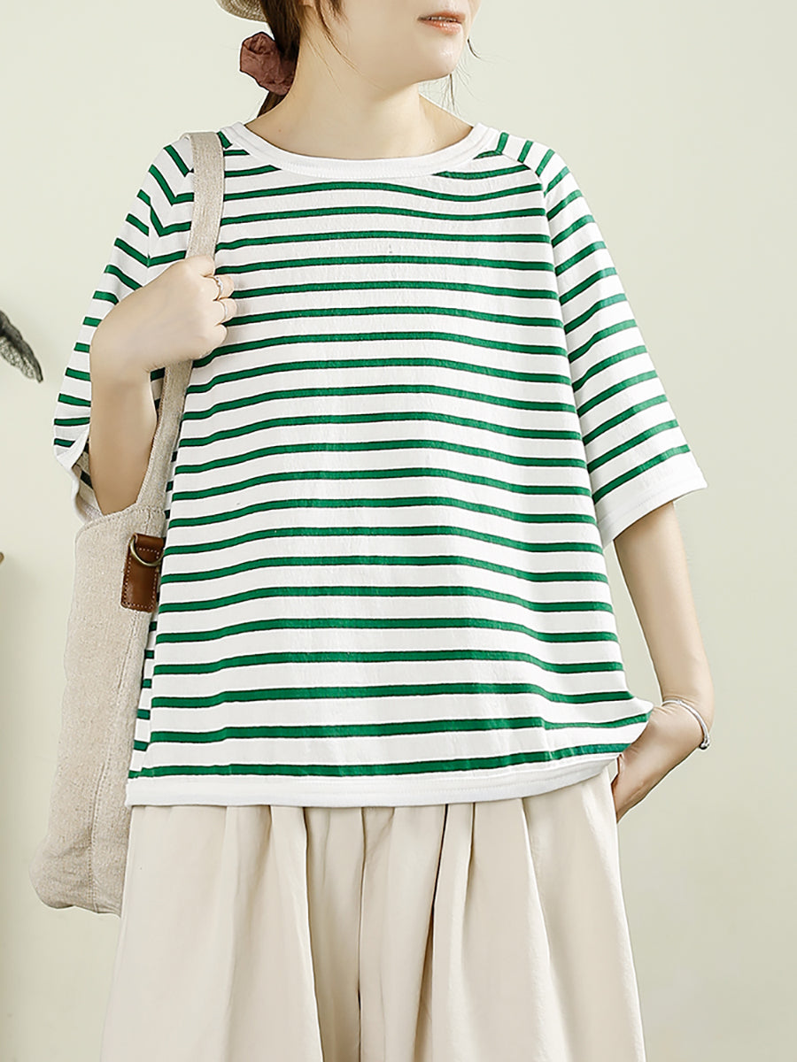 Women Summer Casual Stripe O-Neck Cotton Shirt