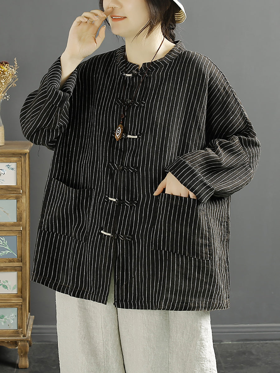 Women Spring Ethnic Stripe Loose Linen Cotton Shirt