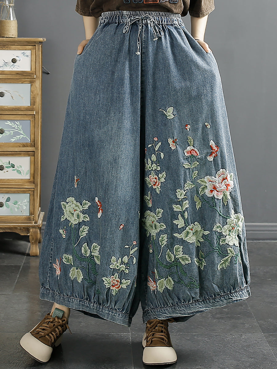 Women Spring Flower Embroidery Denim Wide-leg Pants