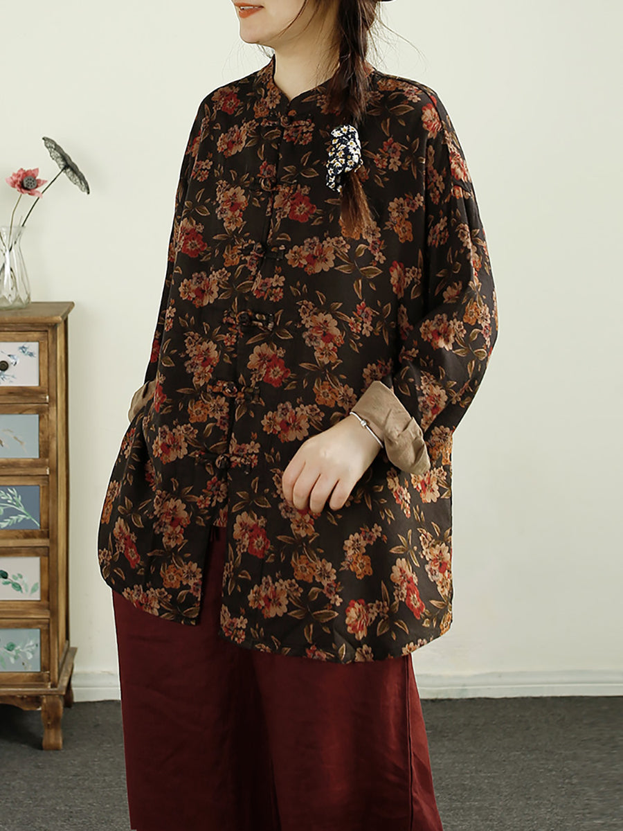 Women Autumn Flower Button-up Stand Collar Cotton Shirt