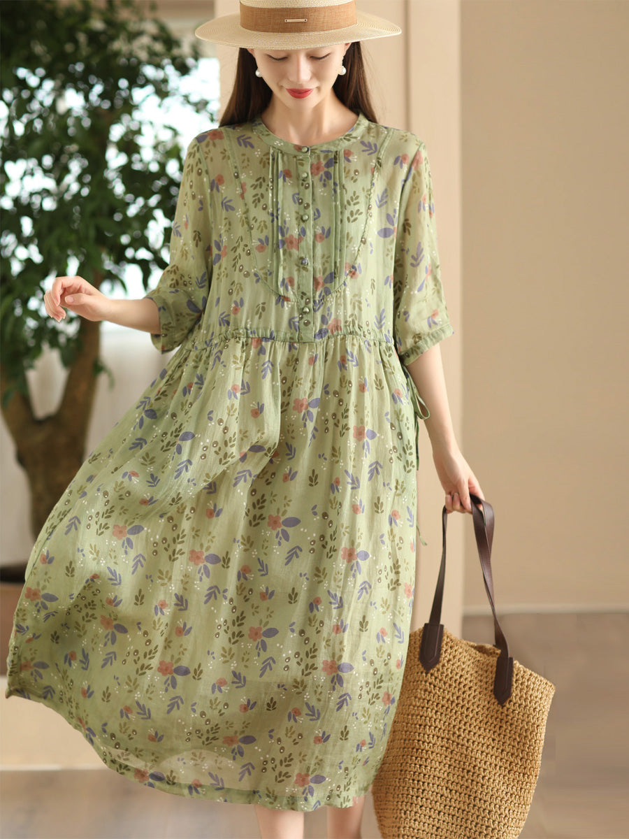 Women Summer Artsy Floral Shirred Ramie Dress