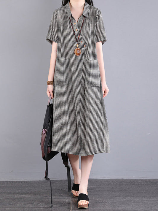 Plus Size Women Casual Plaid Slant Closure Button Loose Dress