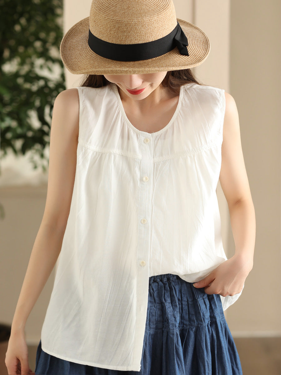 Women Casual Solid Spliced O-Neck Button-up Linen Vest