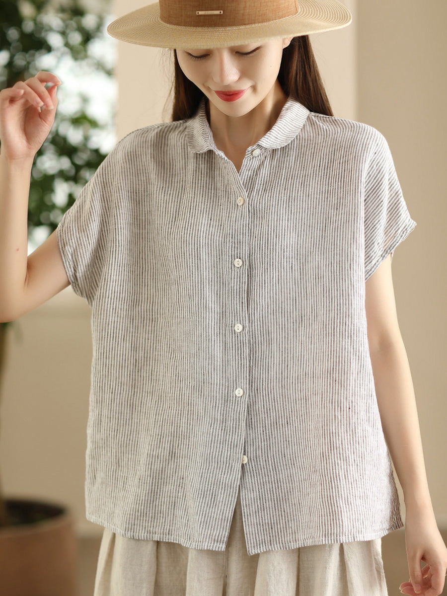 Women Summer Artsy Stripe Button-up Linen Shirt