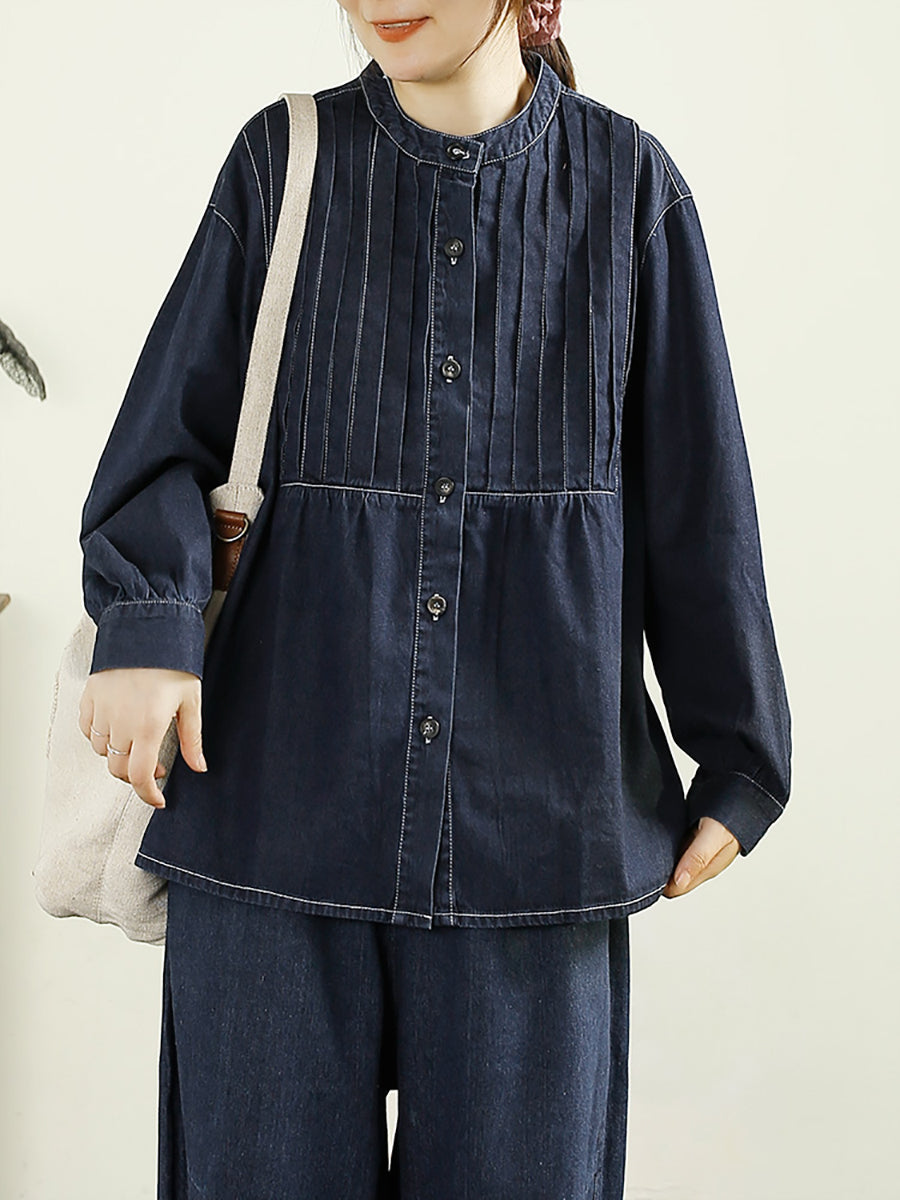 Women Autumn Casual O-Neck Shirred Denim Shirt