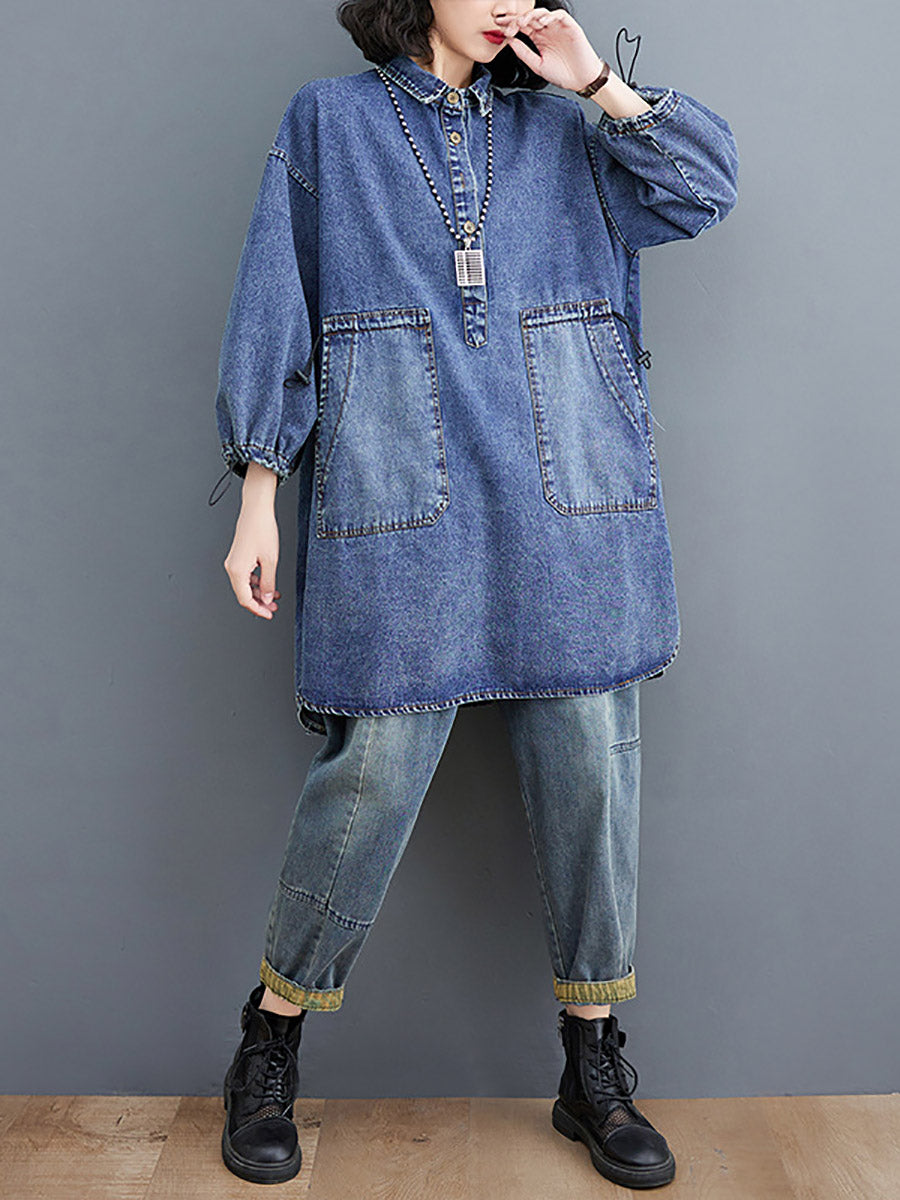 Women Casual Spring Solid Stitching Denim Long Shirt