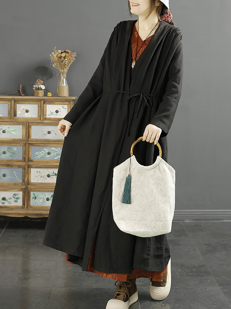 Plus Size Women Autumn Casual Solid Strap 100%Linen Coat