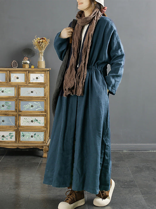 Plus Size Women Vintage Drawstring Linen Long Coat