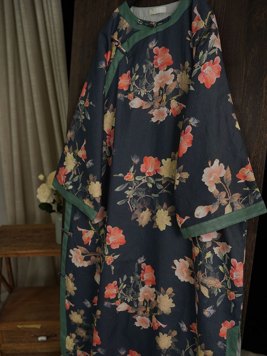 Women Summer Vintage Flower Ramie Robe Dress