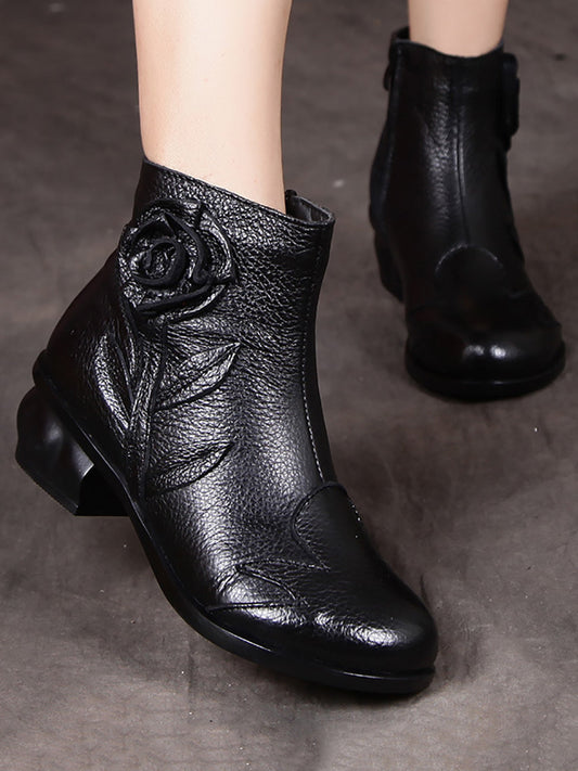 Women Retro Leather Flower Spliced Ankle Boots