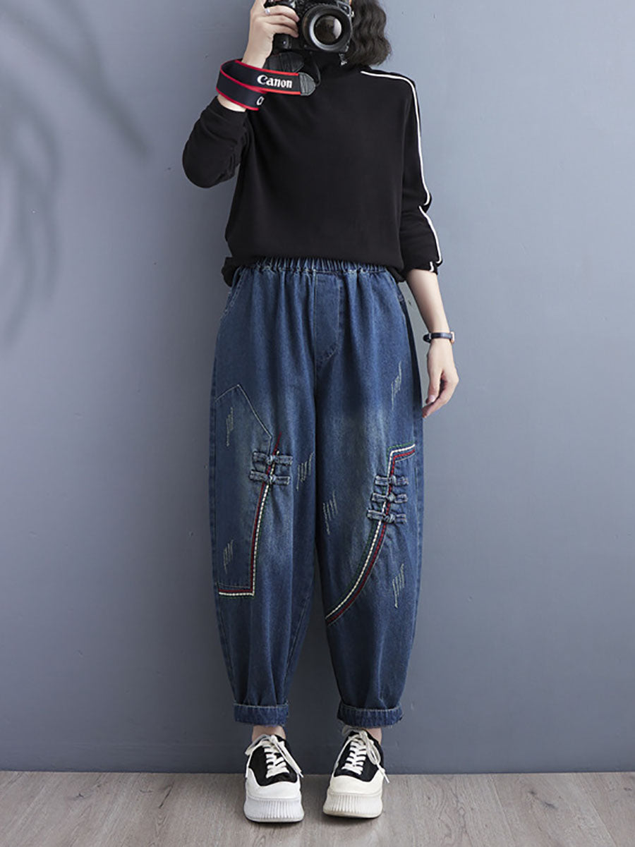 Women Retro Spring Spliced Denim Harem Pants