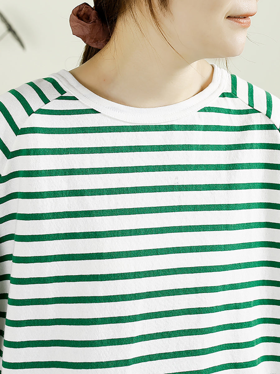 Women Summer Casual Stripe O-Neck Cotton Shirt