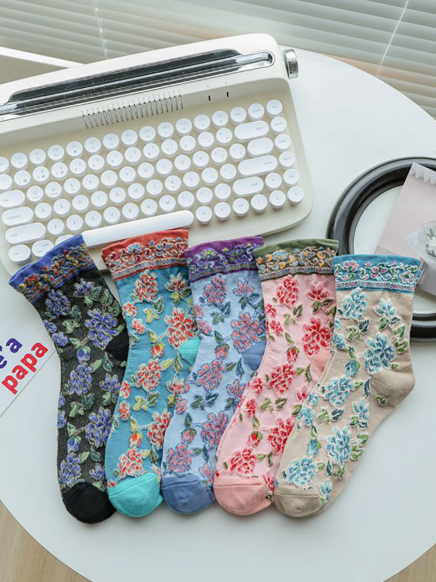 5 Pairs Women Vintage Floral Jacquard Cotton Socks