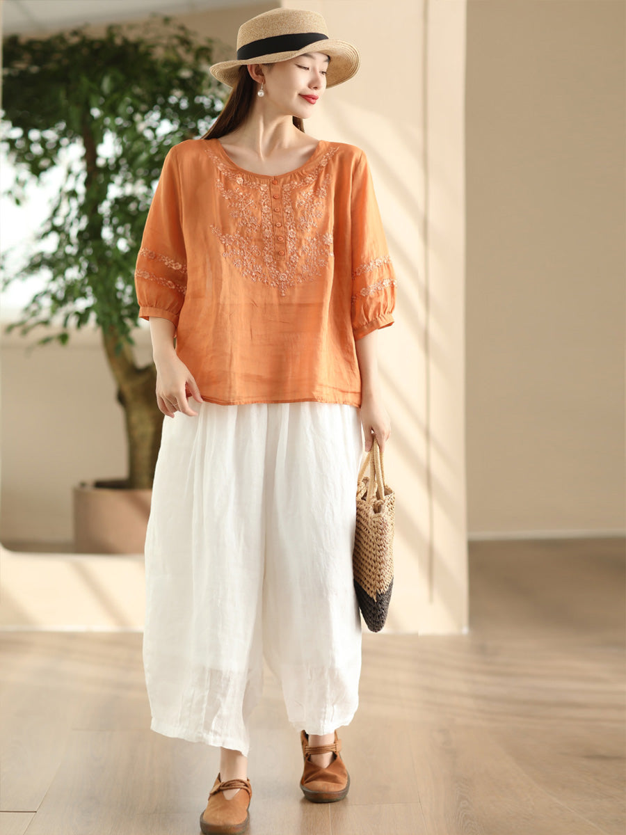 Women Summer Artsy Flower Embroidery O-Neck Ramie Shirt