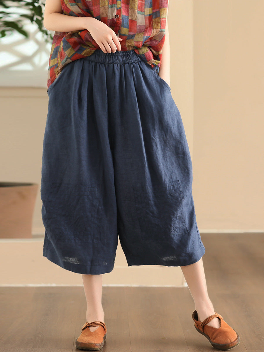 Women Summer Vintage Solid Loose Wide-leg Pants