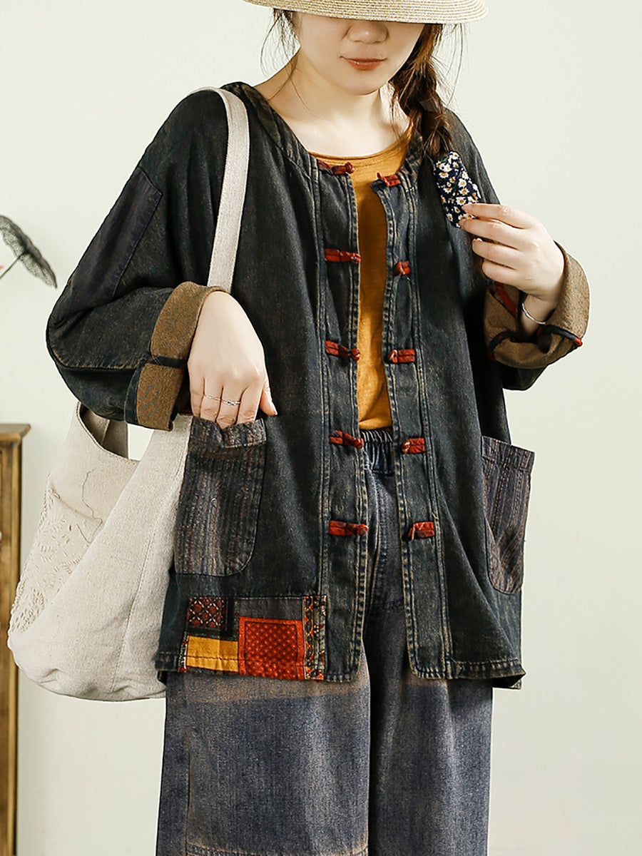 Women Autumn Vintage Patch Spliced Denim Shirt Coat