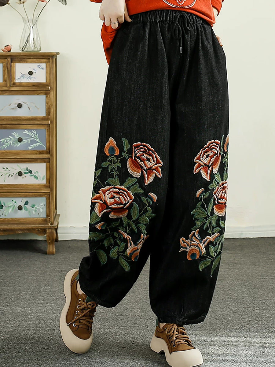 Women Autumn Flower Embroidery Denim Harem Pants