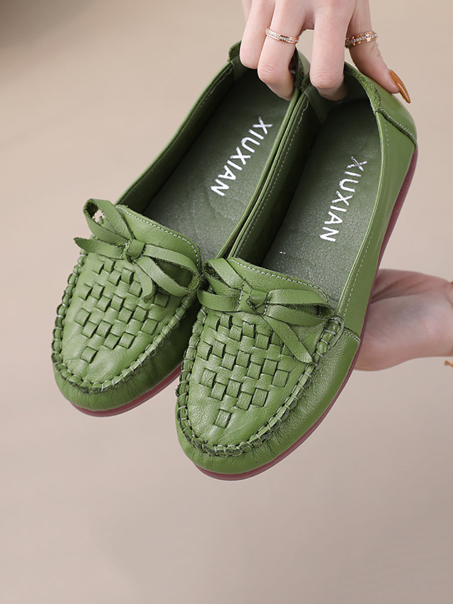 Women Summer Casual Solid Soft Leather Weave Flat Shoes