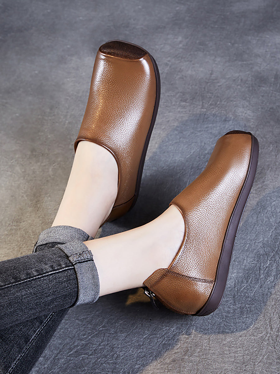 Women Summer Solid Leather Square Toe Flat Shoes