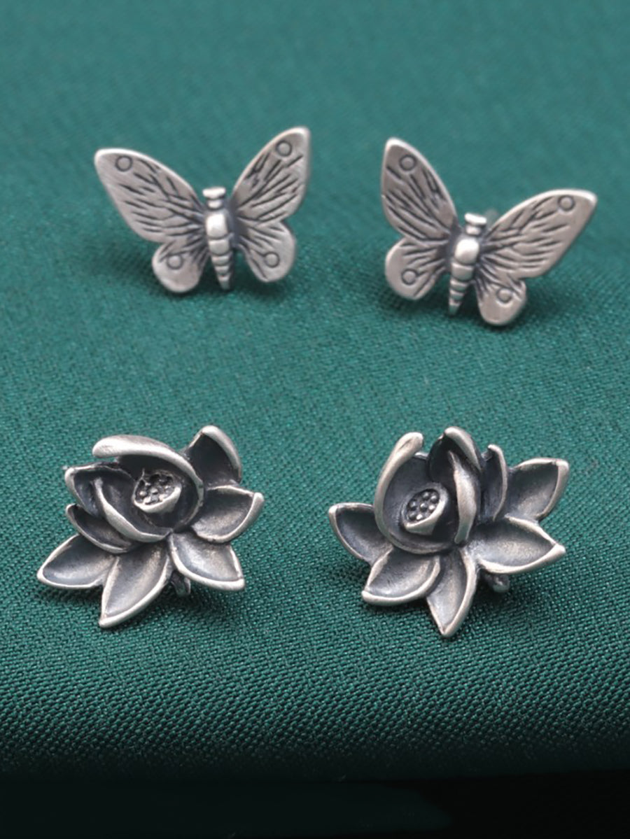 Vintage S925Sliver Flower Butterfly Ear Studs