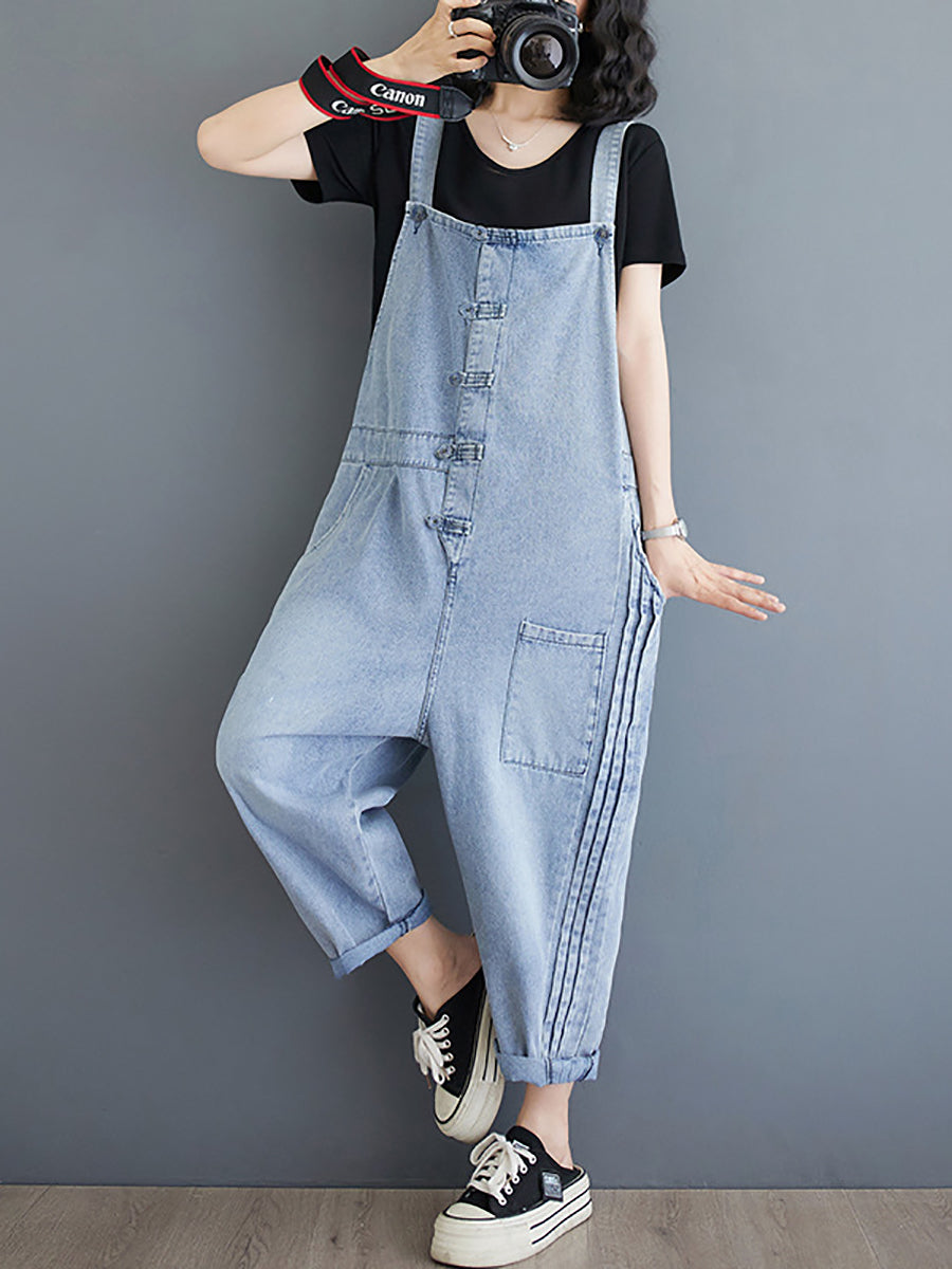 Women Summer Casual Solid Denim Shirred Jumpsuits