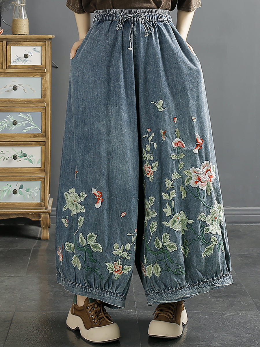 Women Spring Flower Embroidery Denim Wide-leg Pants