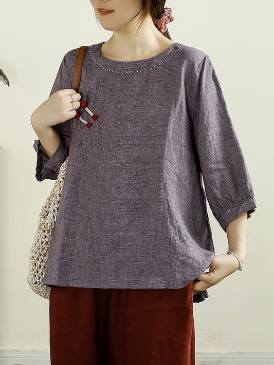 Women Summer Vintage Buckle O-Neck Linen Shirt