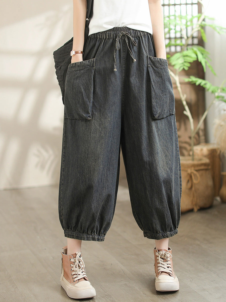 Women Summer Vintage Solid Pocket Harem Denim Pants