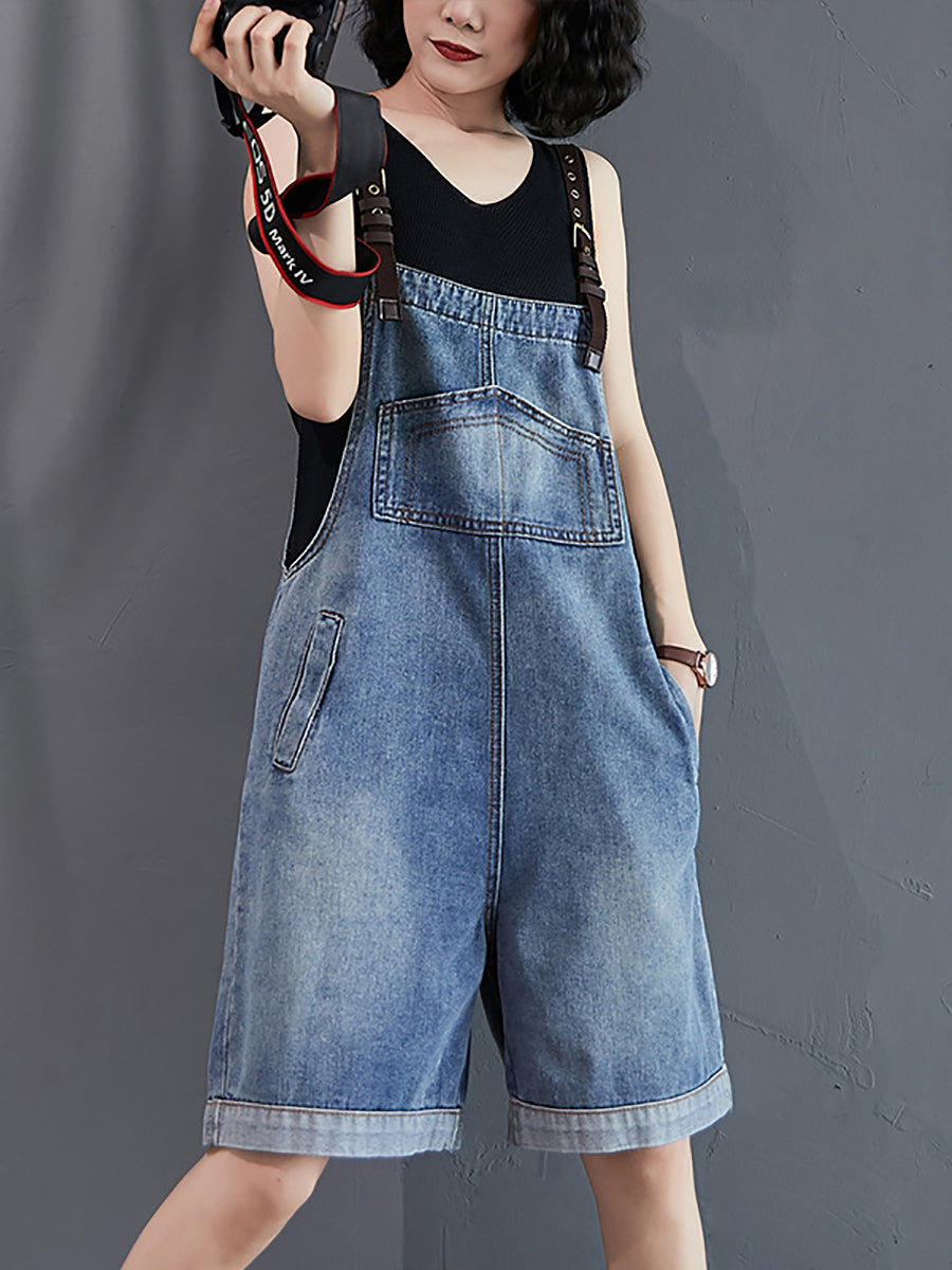 Women Summer Casual Solid Denim Wide-leg Short Jumpsuits