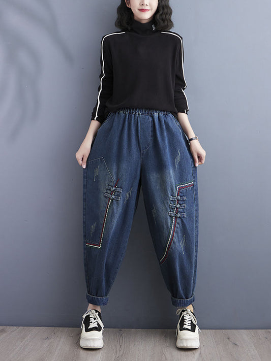 Women Retro Spring Spliced Denim Harem Pants