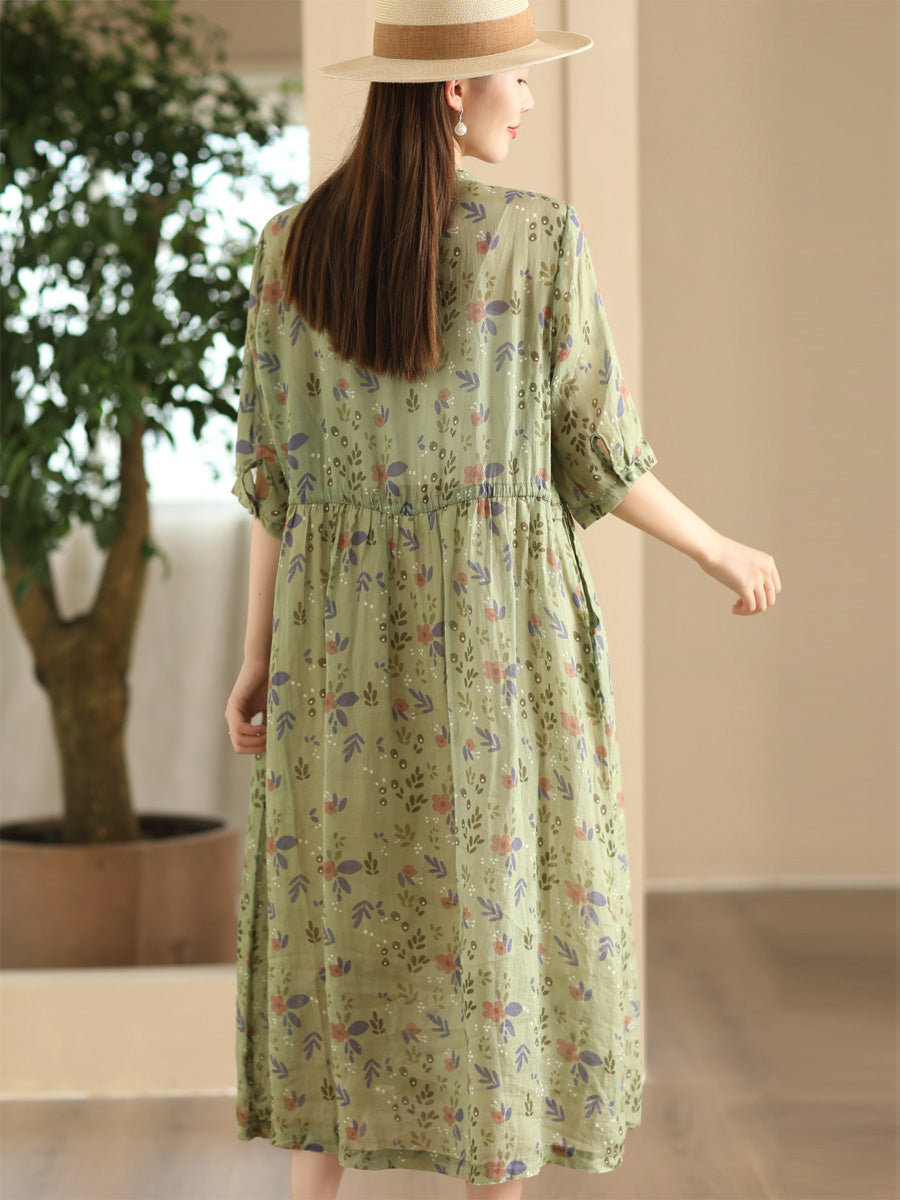 Women Summer Artsy Floral Shirred Ramie Dress