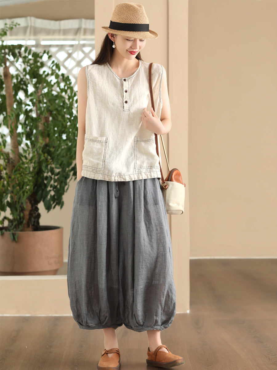 Women Summer Vintage Solid Pocket O-Neck Linen Vest