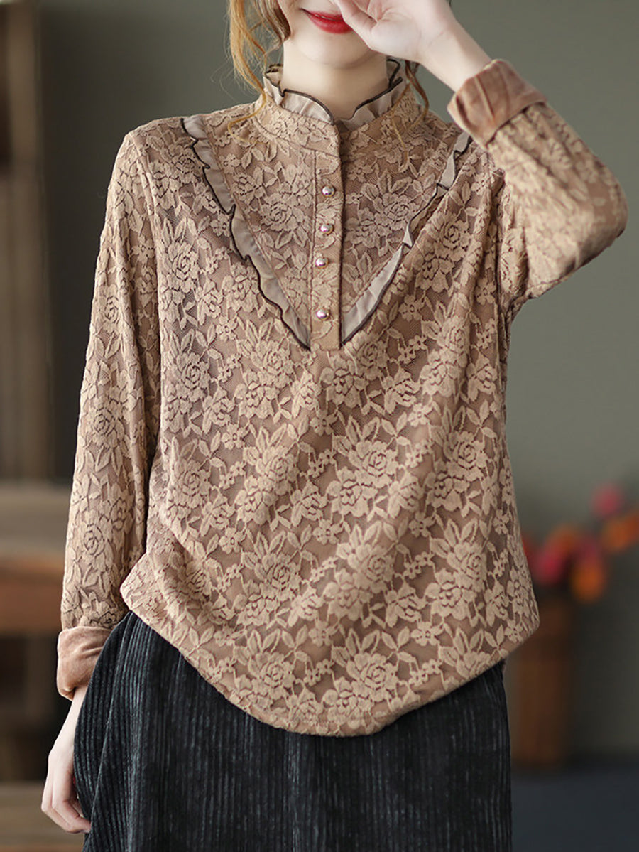 Plus Size Women Elegant Flower Lace Fleece Lined Shirt