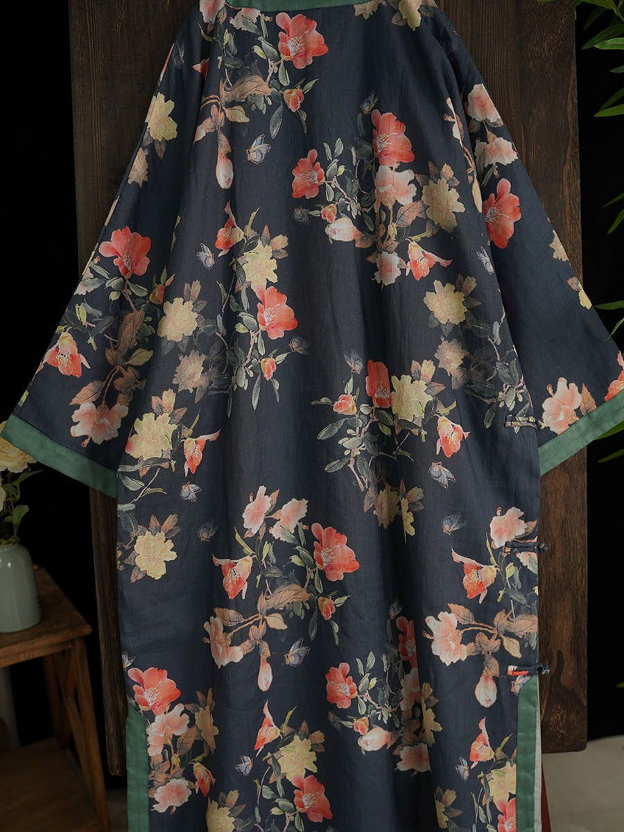 Women Summer Vintage Flower Ramie Robe Dress