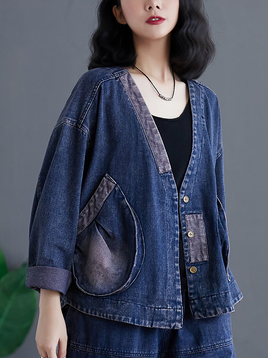 Women Retro Spring Spliced Big Pocket Denim Coat