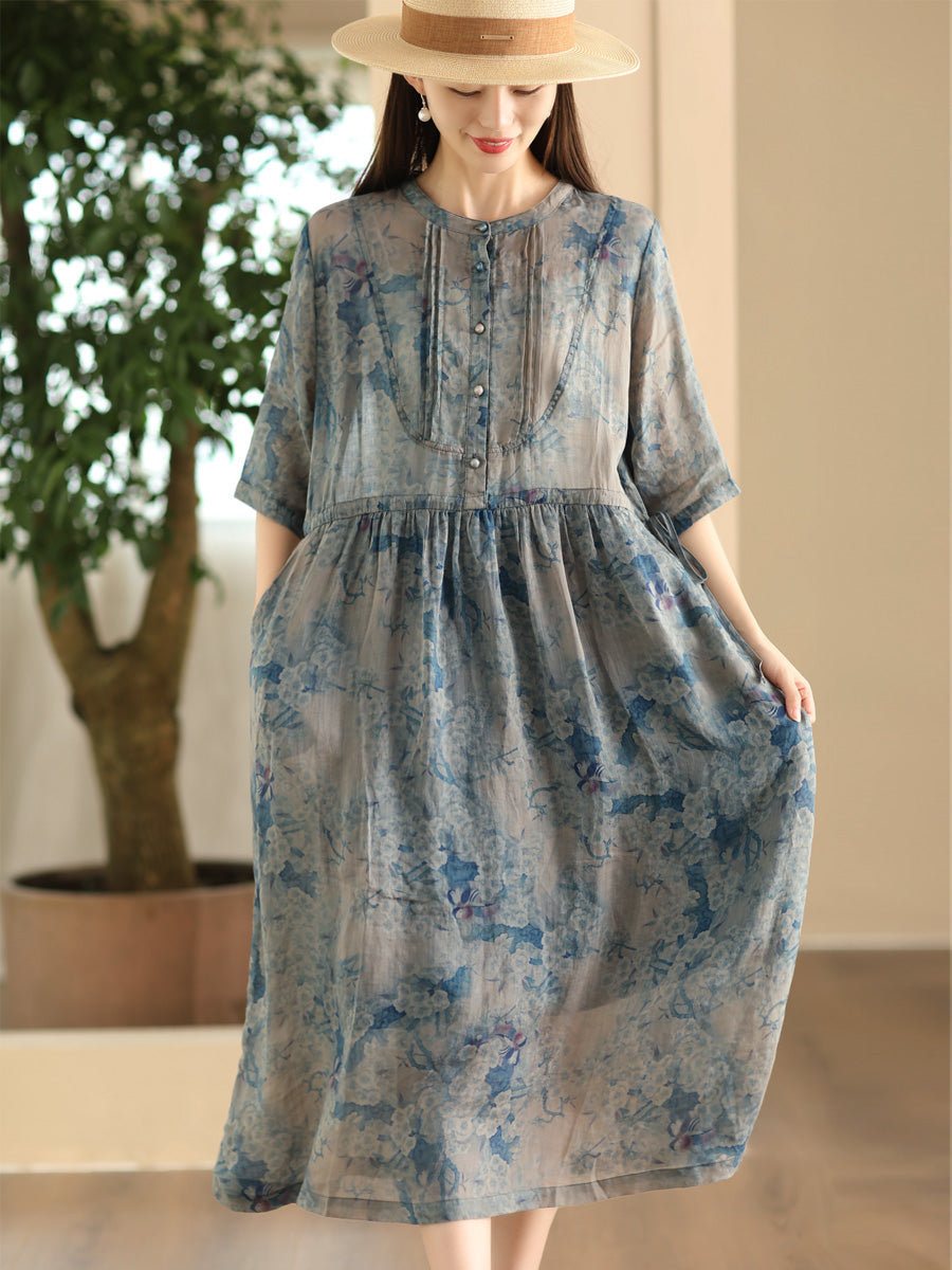 Women Summer Artsy Floral Shirred Ramie Dress