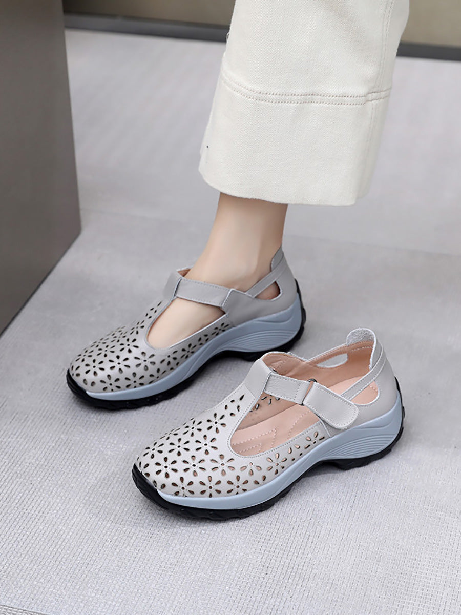 Women Summer Solid Leather Cutout Platform Shoes