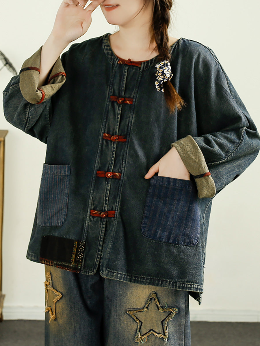 Women Autumn Vintage Patch Spliced Denim Shirt Coat